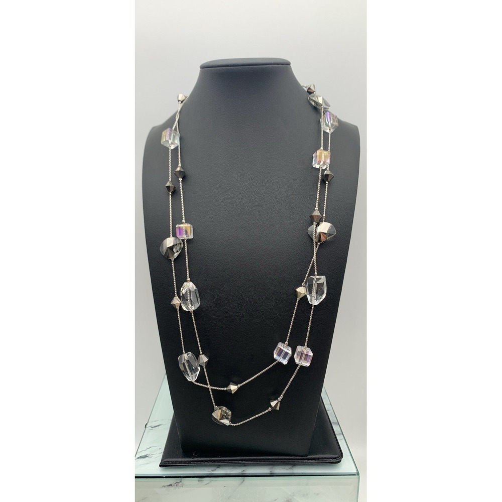 Premier Designs Ice Cube Shaped Faceted Crystal Beaded Necklace Silver Tone Long